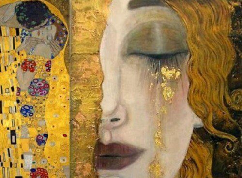 Pocałunek i kobieta ze złotymi łzami