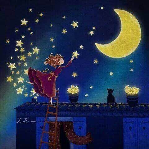 Kobieta zawiesza gwiazdy na nocnym niebie