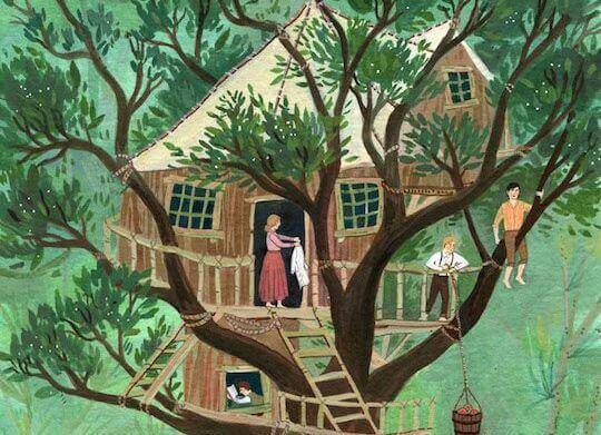 rodzina w domku na drzewie