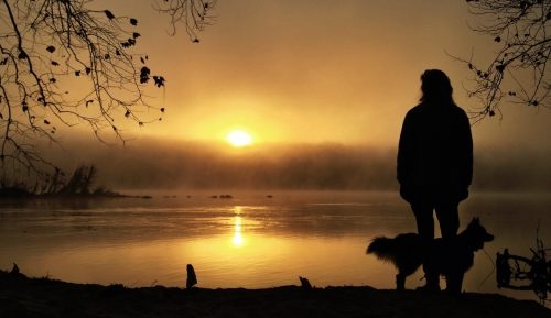 Kobieta z psem spogląda na jezioro