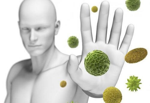 Stop wirusom i bakteriom, człowiek blokuję ręką wirusy, układ odpornościowy