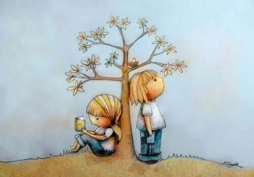 Rysunek dzieci przy drzewie